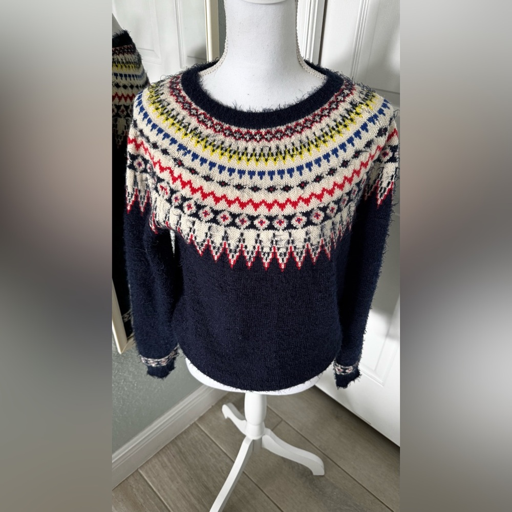 Wishlist Fair Isle Knit Sweater Navy Multicolor Nordic Cozy Winter Pullover Sz S